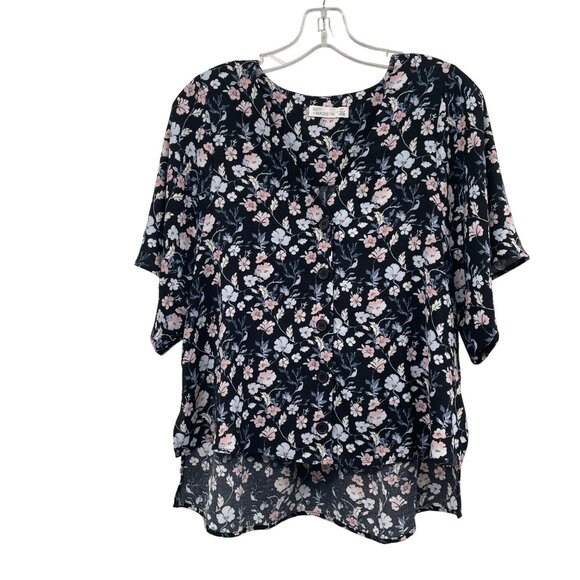 89th & Madison Floral Hi Low Button Up Top Short Sleeve Navy/Multi Size Small - Picture 1 of 9